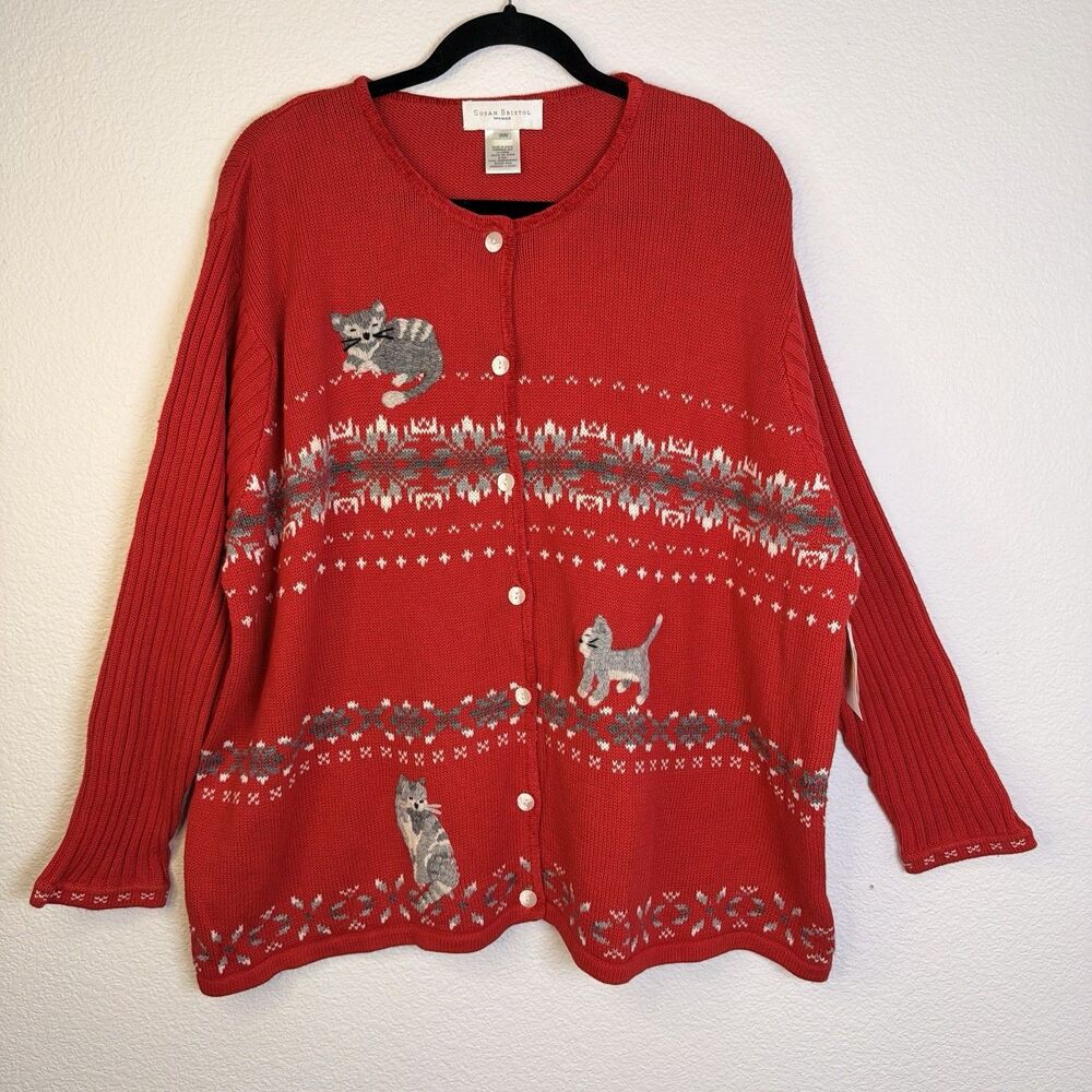 Y2K Susan Bristol 3W Red Christmas Cat Fair Isle Snowflake Cardigan Sweater VTG